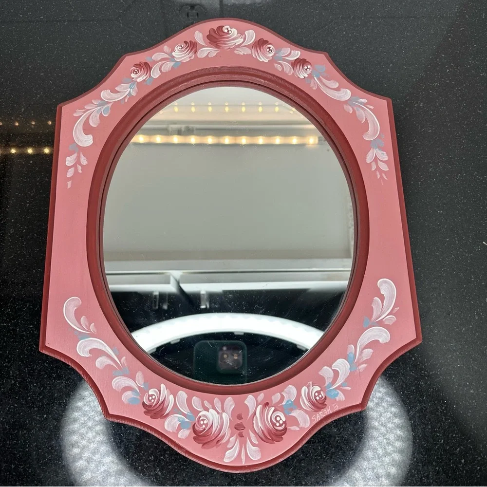 Hand Painted Pink Floral Mirror - Picture 1 of 10